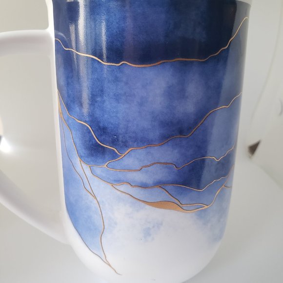 New Abstract Coffee Tea Water Mug Blue Watercolor Print W/ Gold Ceramic 16 oz - Picture 10 of 11